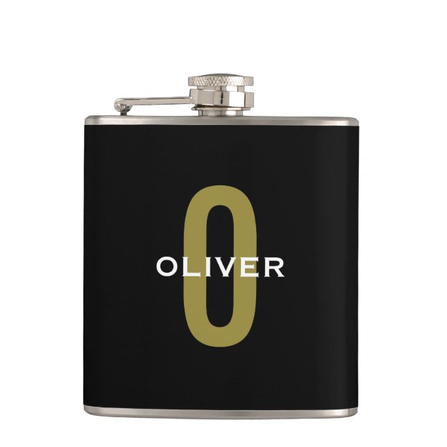 Personalised Monogram Black Gold White Name Hip Flask (Front)