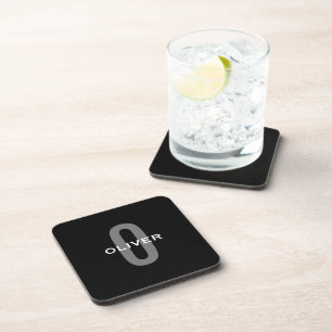 Personalised Monogram Black Grey White Name Coaster