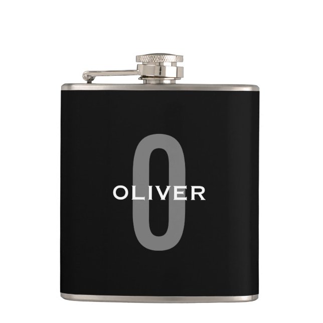 Personalised Monogram Black Grey White Name Hip Flask (Front)