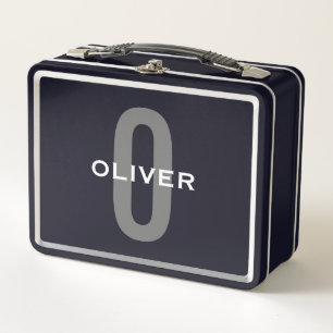 Personalised Monogram Black Grey White Name Metal Lunch Box