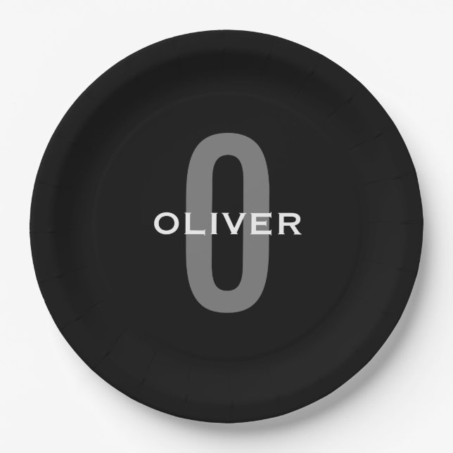 Personalised Monogram Black Grey White Name Paper Plate (Front)