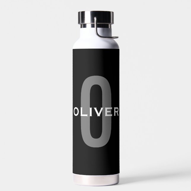 Personalised Monogram Black Grey White Name Water Bottle (Left)