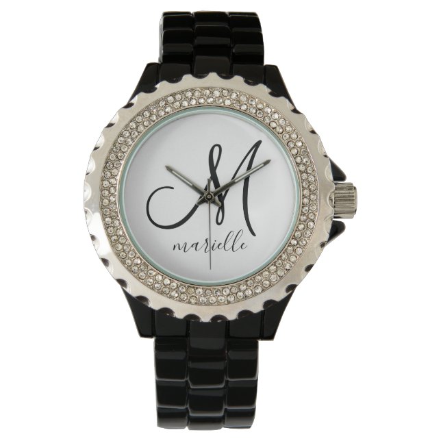 Personalised Monogram Black Initial Script Name Watch (Front)