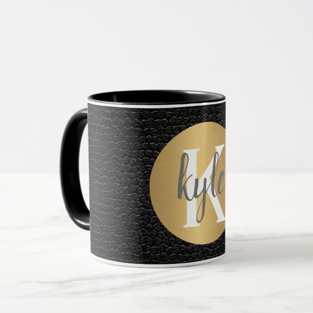 personalised monogram, black leather metallic gold mug (Front Left)