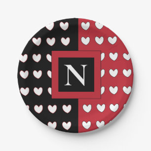 Personalised Monogram Black Red White Hearts  Paper Plate