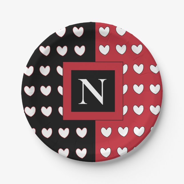 Personalised Monogram Black Red White Hearts  Paper Plate (Front)