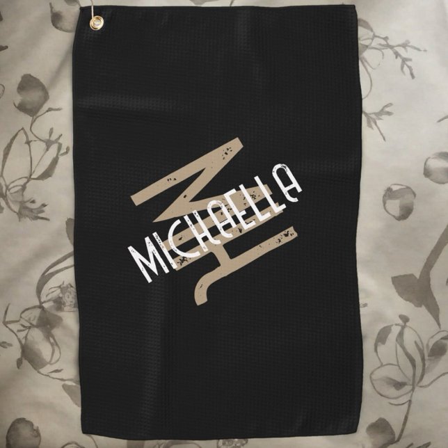 Personalised monogram black white beige name  golf towel (Creator Uploaded)
