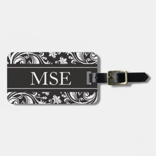 Personalised Monogram Black White Damask Pattern Luggage Tag