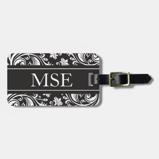 Personalised Monogram Black White Damask Pattern Luggage Tag (Front Horizontal)