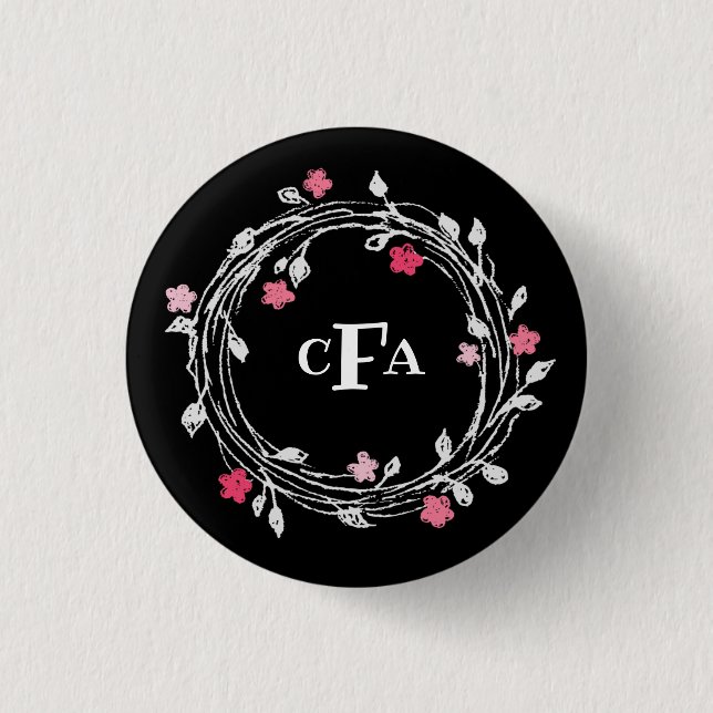 Personalised Monogram Black & White Floral Wreath 3 Cm Round Badge (Front)