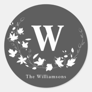 Personalised Monogram Black White Floral Wreath Classic Round Sticker