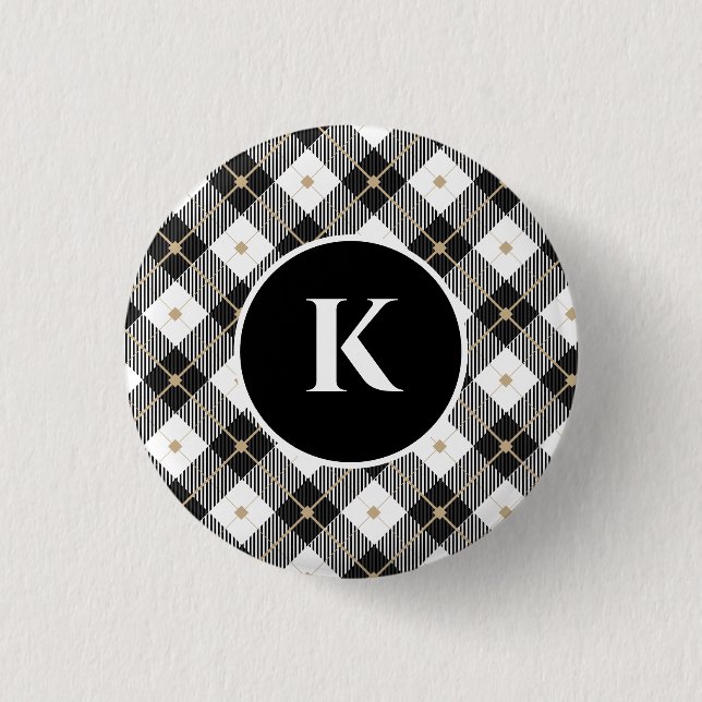 Personalised Monogram Black White Gold Plaid 3 Cm Round Badge (Front)