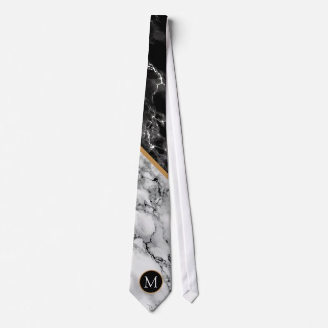 Personalised Monogram Black White Marble Neck Tie (Front)