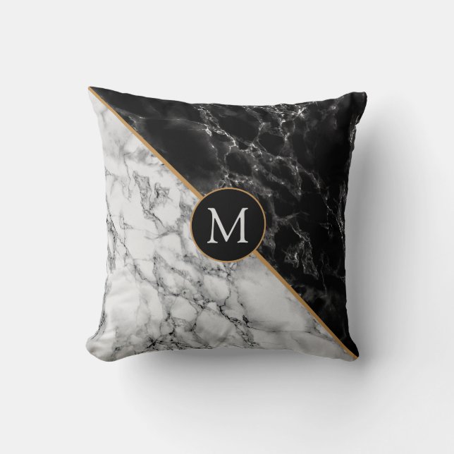 Personalised Monogram Black White Marble Pillow (Front)