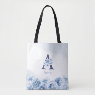 Personalised monogram blue floral bridesmaid tote bag