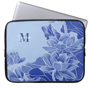 Personalised Monogram Blue Flowers Lotus Mandala   Laptop Sleeve