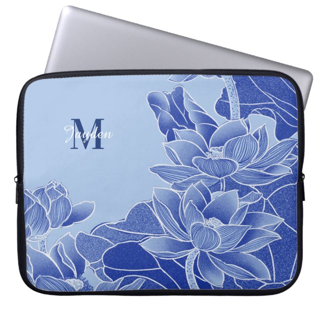 Personalised Monogram Blue Flowers Lotus Mandala   Laptop Sleeve (Front)