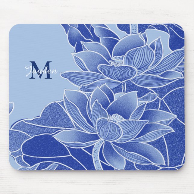 Personalised Monogram Blue Flowers Lotus Mandala  Mouse Mat (Front)