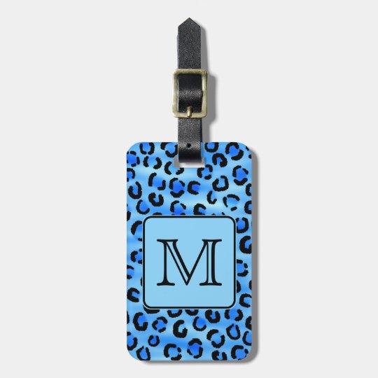 Personalised Monogram, Blue Leopard Print Pattern. Luggage Tag