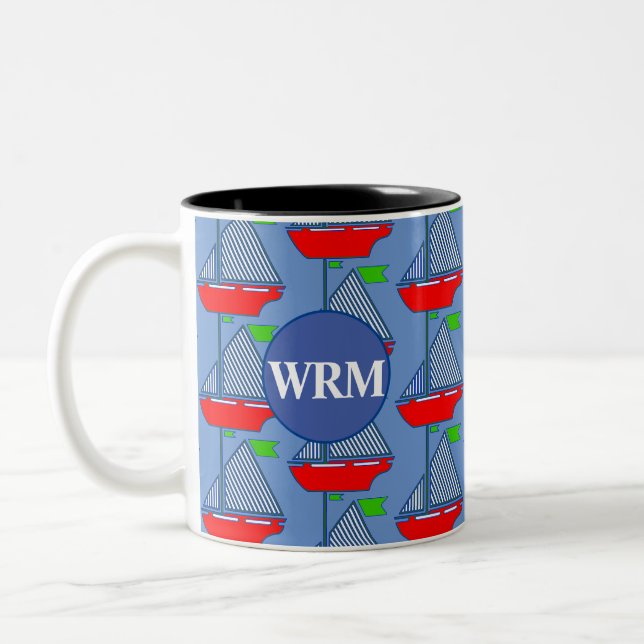 Personalised Monogram Blue Sailboat Coffee Mug (Left)