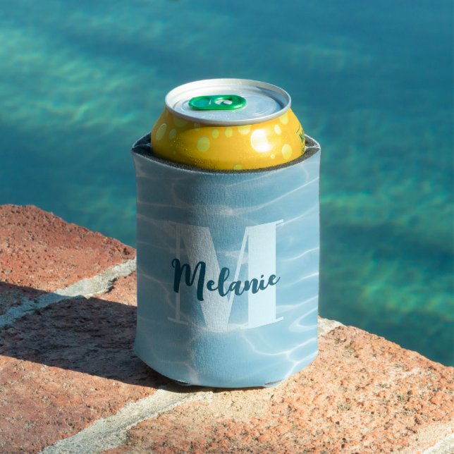 Personalised Monogram Blue Swimming Pool Modern Can Cooler (In Situ Pool)