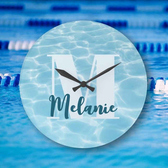 Personalised Monogram Blue Swimming Pool Modern Large Clock (Creator Uploaded)