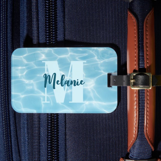Personalised Monogram Blue Swimming Pool Modern Luggage Tag (Front Insitu 4)