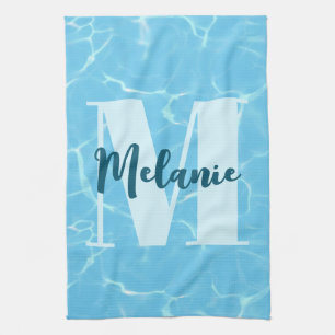 Personalised Monogram Blue Swimming Pool Modern Tea Towel