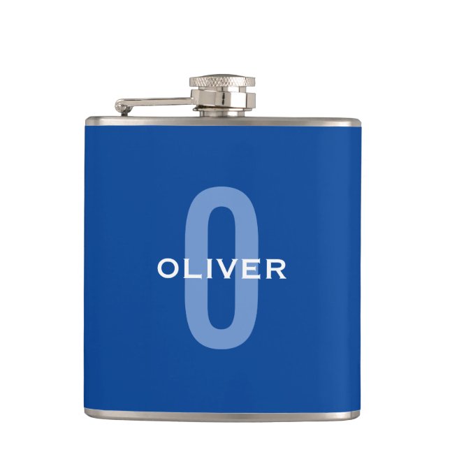 Personalised Monogram Blue White Name Hip Flask (Front)