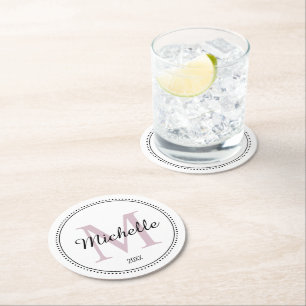 Personalised Monogram Blush Pink Round Paper Coaster