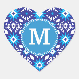 Personalised Monogram Bold Blue Teal Star Pattern Heart Sticker