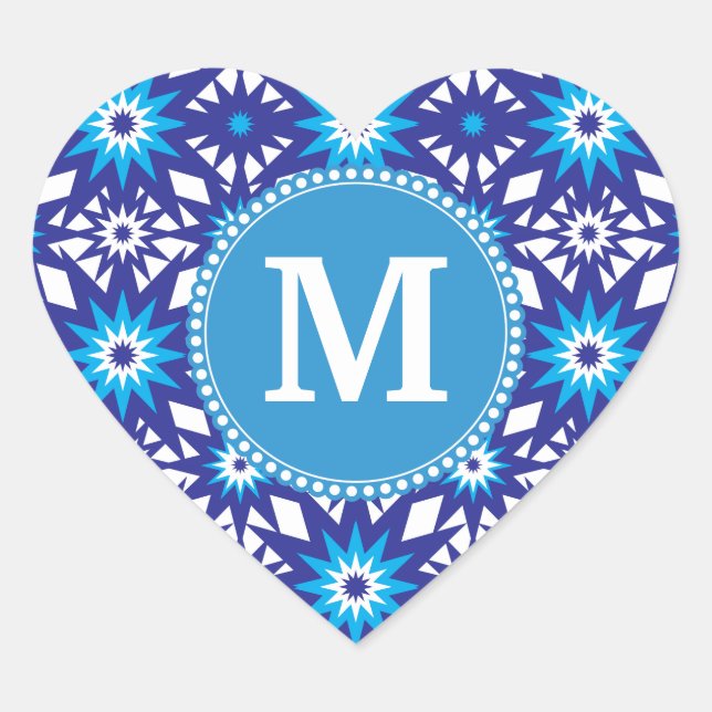 Personalised Monogram Bold Blue Teal Star Pattern Heart Sticker (Front)