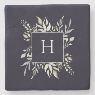 Personalised Monogram Botanical Dark Navy Stone Coaster