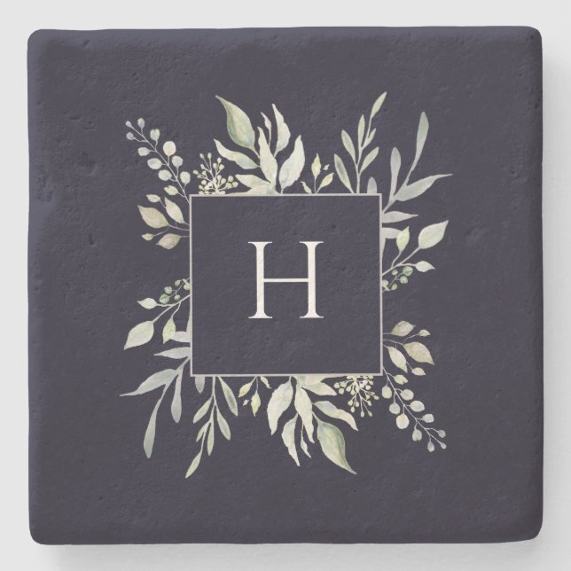 Personalised Monogram Botanical Dark Navy Stone Coaster (Front)