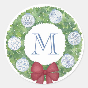 Personalised Monogram Christmas Boxwood Wreath Classic Round Sticker