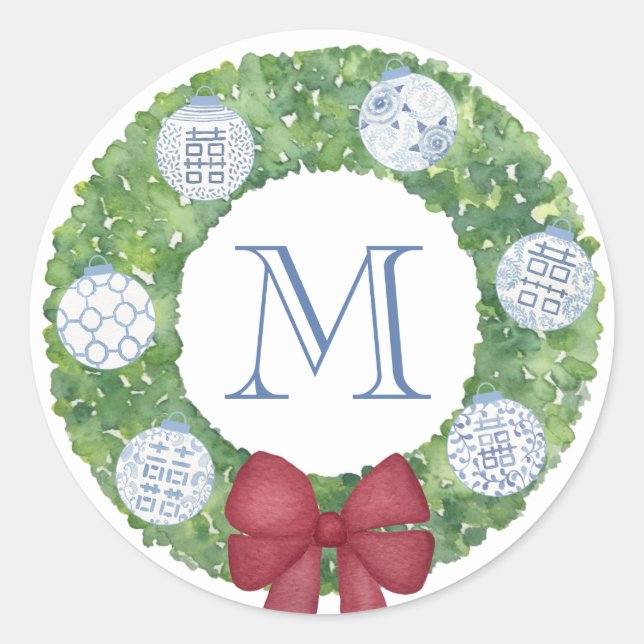 Personalised Monogram Christmas Boxwood Wreath Classic Round Sticker (Front)