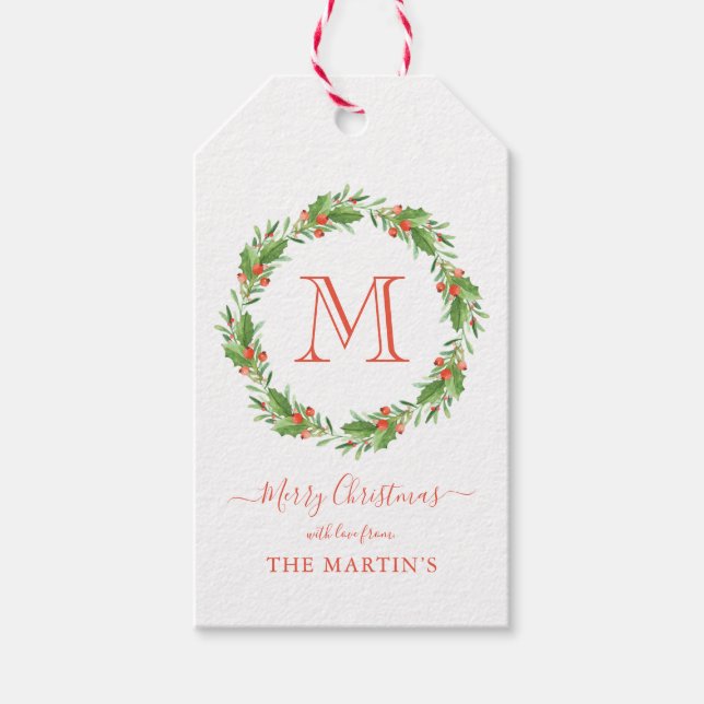 Personalised Monogram Christmas Wreath Gift Tags (Front)
