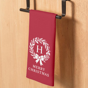 Personalised Monogram Christmas Wreath Red Tea Towel