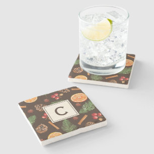 Personalised Monogram Citrus Botanical Christmas Stone Coaster