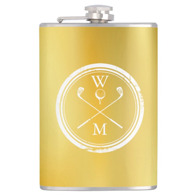 Personalised Monogram Classic Gold Golf Hip Flask (Front)