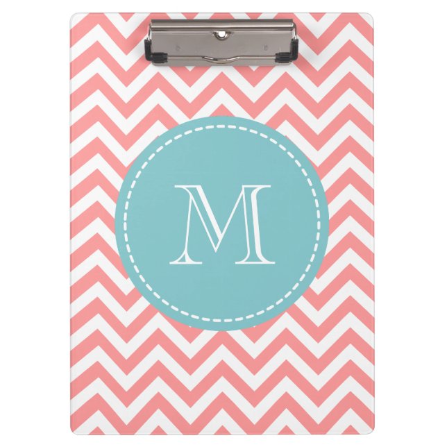 Personalised monogram clipboard with coral chevron (Front)