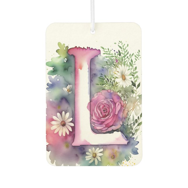 Personalised Monogram Colourful Watercolor Flowers Car Air Freshener (Front)
