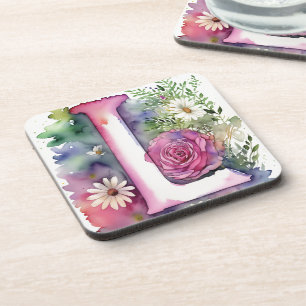 Personalised Monogram Colourful Watercolor Flowers Coaster