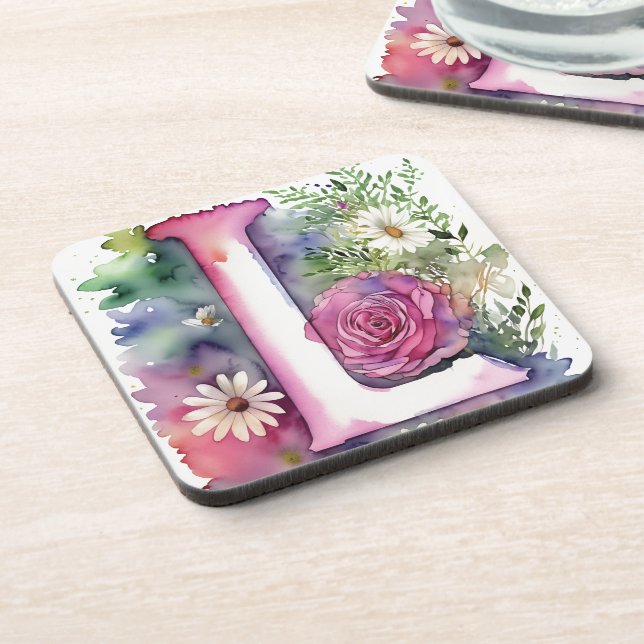 Personalised Monogram Colourful Watercolor Flowers Coaster (Left Side)