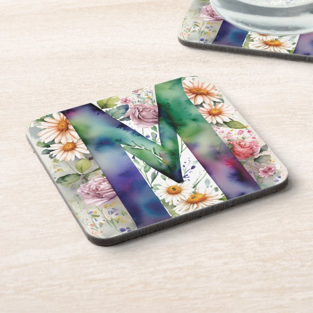 Personalised Monogram Colourful Watercolor Flowers Coaster (Left Side)