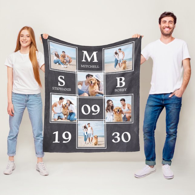 Personalised Monogram Couple Photo Collage Fleece Blanket (In Situ)