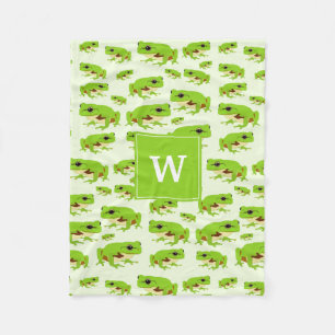 Personalised Monogram Cute Green Tree Frog Pattern Fleece Blanket