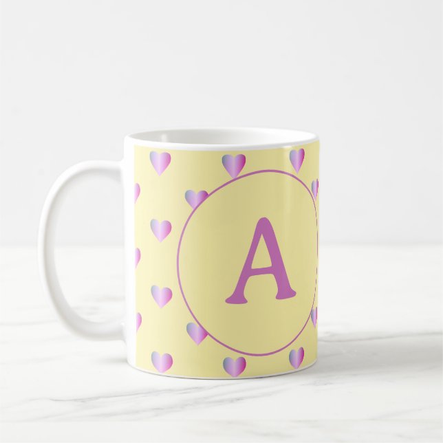 Personalised Monogram Cute Hearts Lilac Yellow Coffee Mug (Left)