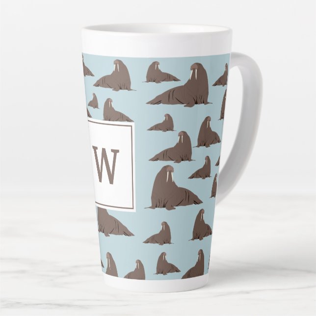 Personalised Monogram Cute Walrus Pattern Latte Mug (Right Angle)