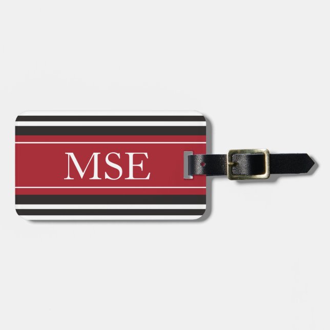 Personalised Monogram Dark Red Black Stripes Luggage Tag (Front Horizontal)